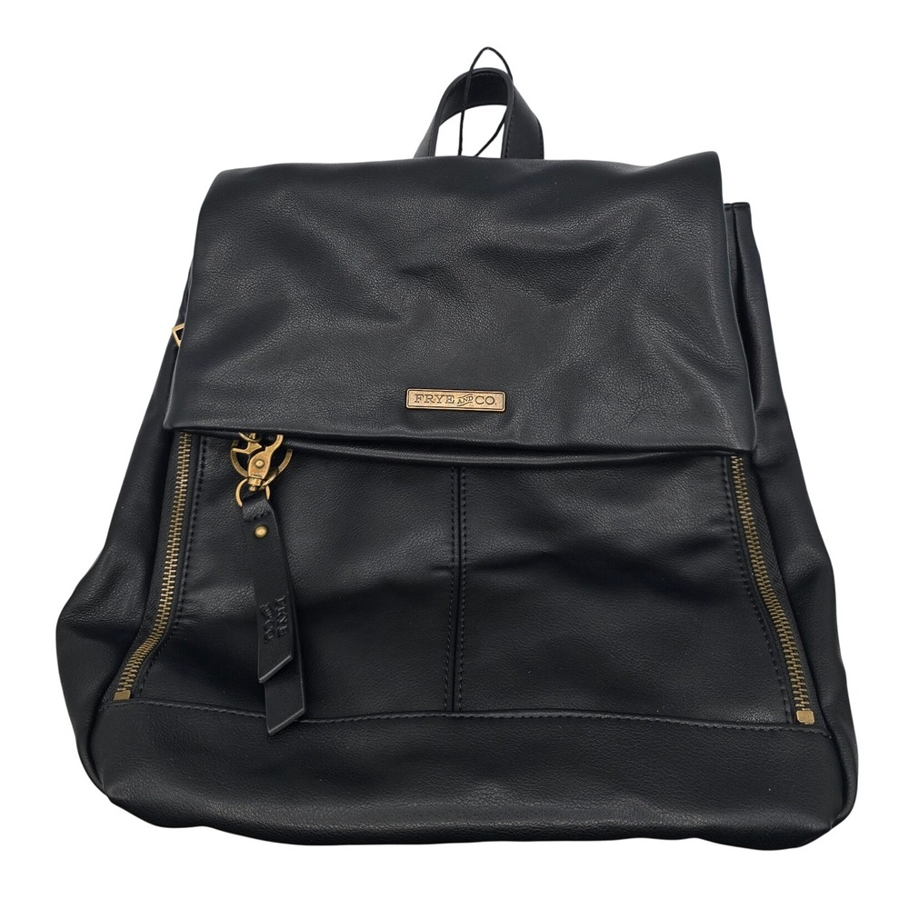 Frye and Co Black Faux Leather Backpack Brass Hardware Foldover Magnetic Closure
